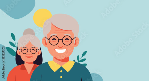 Illustration of a smiling elderly man and woman with copy space, representing happy retirement, family, and senior healthcare.