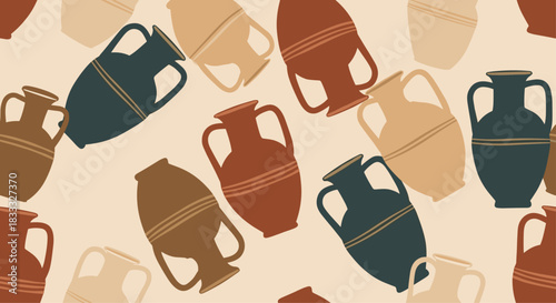 Seamless pattern of ancient Greek or Roman amphorae and pottery vases in earthy terracotta, blue, and beige tones for design.