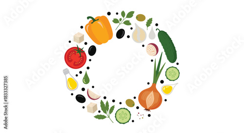 Circular frame made from fresh Greek salad ingredients like tomatoes, cucumbers, olives, feta cheese, and onions for a food design.