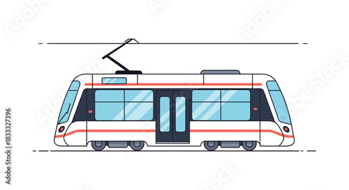 Side view illustration of a modern white and red city tram or streetcar, a form of electric public transportation in an urban area.