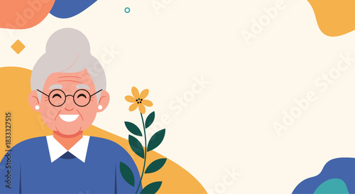 Warm and gentle illustration of a happy grandmother smiling, with abstract shapes and copy space for text on a soft background.