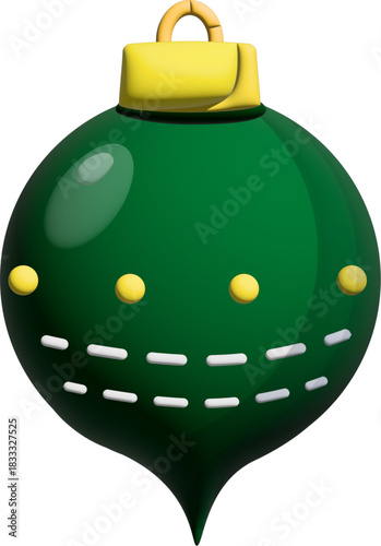 A glossy green Christmas ornament with yellow dots, white dashes, and a yellow cap is shown against