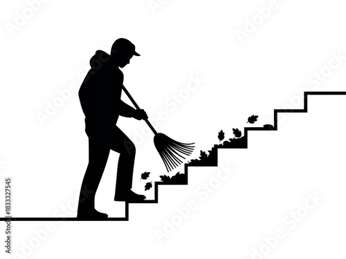 Silhouette of person sweeping leaves up stairs with broom on white background art