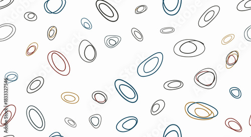 Seamless background of randomly scattered, hand-drawn concentric ovals and rings in various colors, creating a playful design.