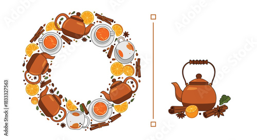 Circular wreath made of tea-related items like teapots, cups, orange slices, and cinnamon, with a separate teapot composition.