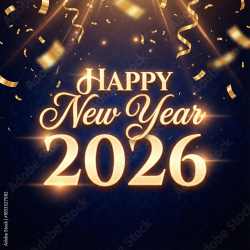 Happy new year 2026 celebration banner with golden confetti