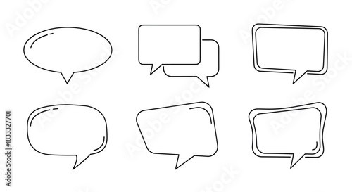 Set of six different speech bubble and thought cloud icons in a simple, clean, and modern black outline style for communication.