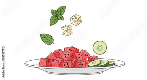 Illustrated ingredients for a summer salad, with cubes of feta cheese, mint leaves, and cucumber slices falling onto a plate of watermelon.