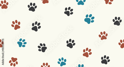 Seamless background pattern of scattered animal paw prints in earthy tones of brown, blue, and black on a light cream canvas.
