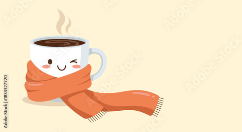 Adorable cartoon coffee cup with a winking face, wrapped in a cozy orange scarf, on a warm background with space for text.