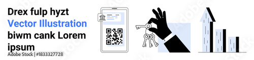 Cybersecurity, digital authentication, home security, real estate investment, property management, technology. A phone shows a QR code, a hand holds keys buildings growth. Cybersecurity and home