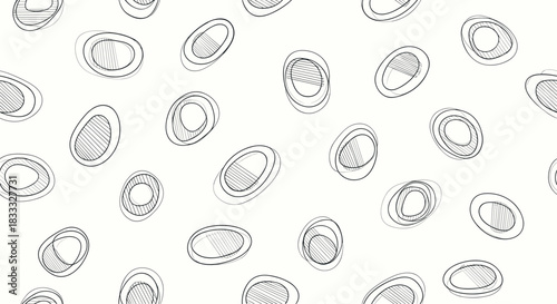 Seamless black and white background pattern of randomly scattered, hand-drawn ovals with various sketchy textures inside them.