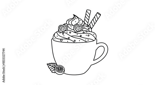Black and white line art drawing of a fancy hot chocolate or coffee topped with whipped cream, sprinkles, and wafer sticks.