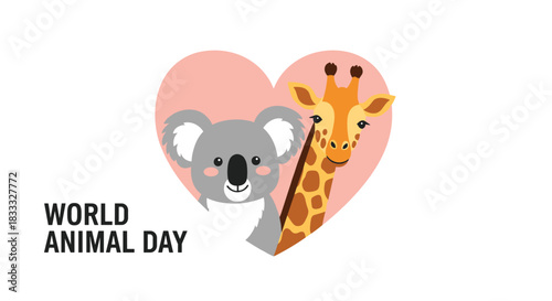 World Animal Day card with a cute koala and giraffe inside a pink heart, celebrating love and care for all animal species.
