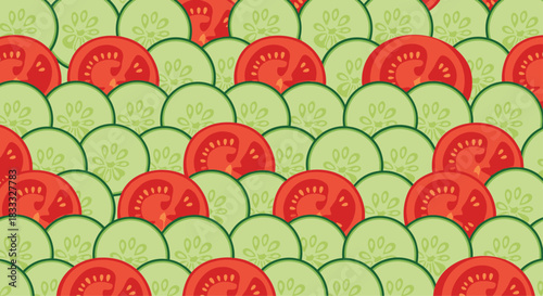 Seamless background pattern of overlapping round slices of red tomatoes and green cucumbers, creating a fresh salad texture.