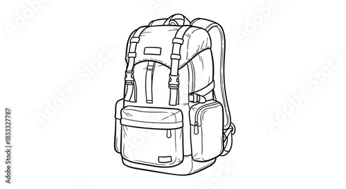 Detailed black and white line art drawing of a large travel or hiking backpack with multiple pockets, straps, and buckles.