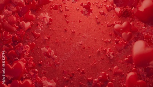 Red Heart Shapes Cover a Surface for a Romantic Celebration or Special Occasion