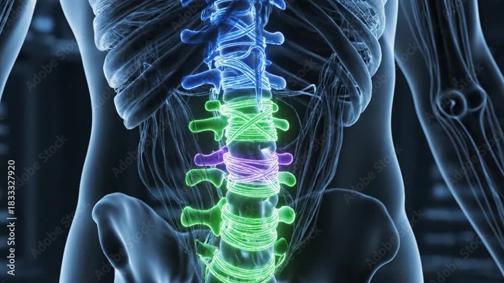 3D X-ray animation of the human spine highlighting the lumbar and ...