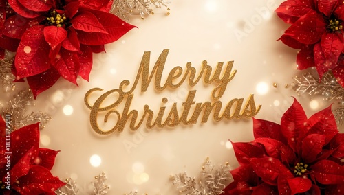 Festive Decorations With Merry Christmas Sign and Red Poinsettias on a Warm B...