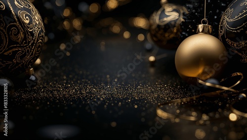 Festive Decorations With Golden Ornaments and Sparkling Glitter on a Dark Bac...