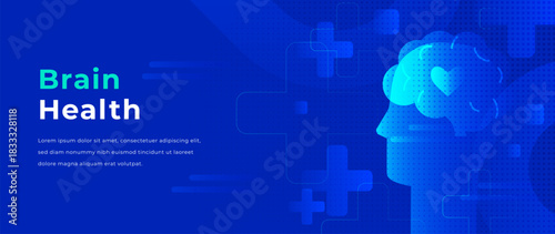 Blue brain health background with gradient shapes, medical crosses and abstract head silhouette. Minimal brain shape with heart symbol. Modern medical wellness design for healthcare and diagnostic bg