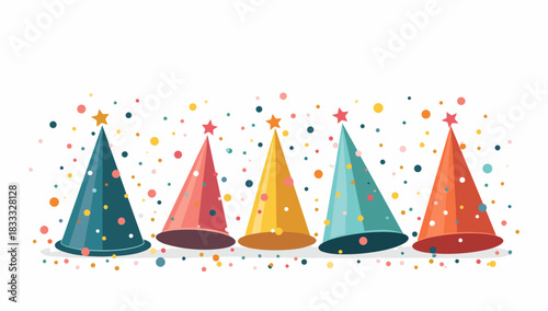 Row of colorful party hats with star toppers and confetti on white background