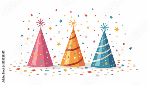 Three festive party hats with stars and dots on bright celebratory background