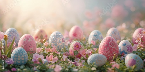 Colorful Easter Eggs Nestled Among Blooming Flowers Under a Bright Blue Sky
