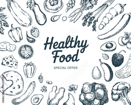 A variety of fresh, healthy foods are arranged in a circular pattern around the text 'Healthy Food' and 'Special Offer'.