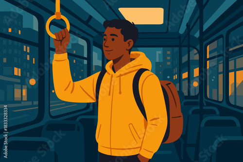 Urban Commuter Glow. Commuter in vibrant yellow vector illustration standing on a modern bus, illuminated by soft city lights,