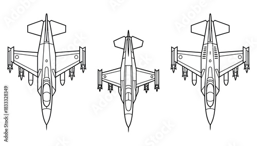 Three detailed technical drawings of fighter jets viewed from directly above.
