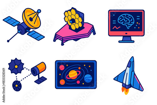 Futuristic Space Exploration. Isometric vector illustration set Future Exoplanet Exploration: interstellar probe, next-gen space