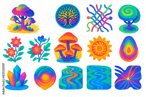 Psychedelic Nature Icons. Isometric vector illustration set Psychedelic Nature: radiant forest, mandala tree pattern, vivid color