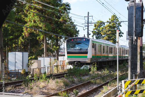 Fotografie A pretty Japanese train passes through a level crossing on a lovely country railway in Kamakura near Tokyo