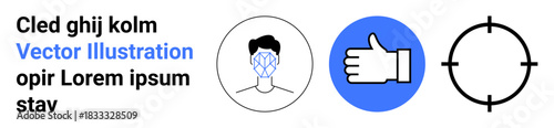 Privacy management, identity authentication, user interaction, AI technology, approval actions, precision targeting. Facial recognition icon, thumbs-up sign target symbol. Privacy and identity