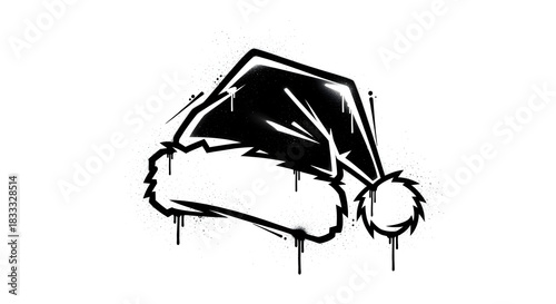 Graffiti style black and white santa hat icon with drip effect, isolated on white background