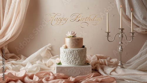 Elegant Birthday Cake Display With Soft Drapes and Candles for a Celebration