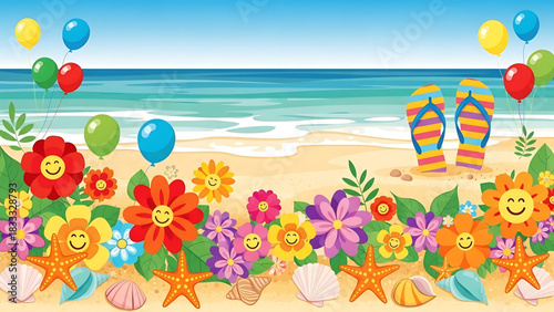 Vibrant Beach Scene with Flowers, Balloons, and Flip-Flops Illustration