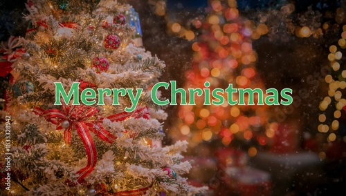 Festive Christmas Decorations With a Beautifully Lit Tree and Cheerful Greetings