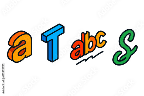 Colorful Alphabet Icons. Isometric vector illustration set Letter Formation Variations: Rounded lowercase ‘a’, sharp uppercase ‘T’