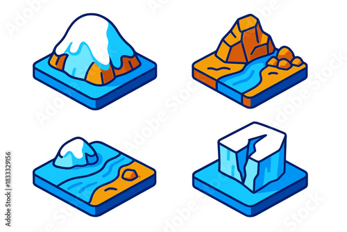 Glacier Change Icons. Isometric vector illustration set Glacier Change Impact: Shrinking ice cap, exposed rock bed, reduced water