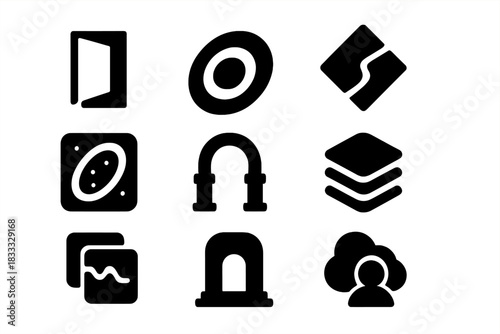 Interdimensional Sleep Icons. Solid style icons of interdimensional sleep theory: doorway glyph, void ring icon, realm shift badge