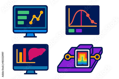 Chip Systems Dashboard. Isometric vector illustration set Data from Chip Systems: Real-time readout screen, drug efficacy curve,