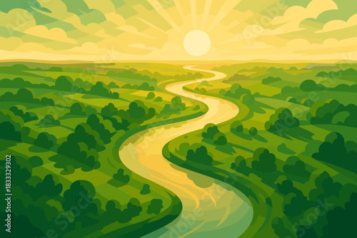 Lush River Vista. Scenic aerial view vector illustration of a winding river cutting through lush green landscapes, illuminated by