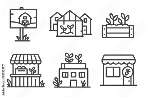 Hyper-Local Sourcing Icons. Line style icons of hyper-local sourcing elements: local farm sign, neighborhood greenhouse, backyard