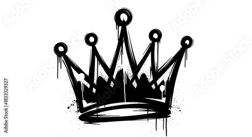 Black graffiti style crown icon with dripping paint effect, isolated on white background