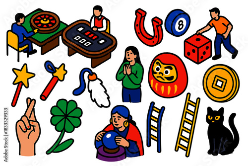 Sociology of Luck. Isometric vector illustration set Sociology of luck: gambling tables, ritual objects, lucky charms, cultural