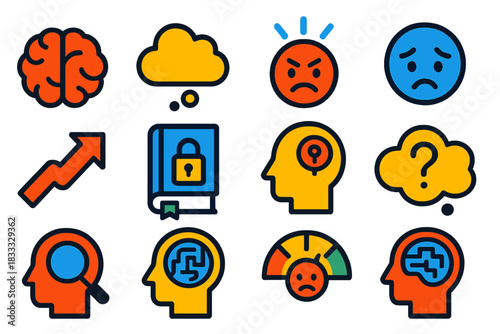 Psychology Icon Set. Flat vector icons of psychological effects of concealed information: brain icon, thought bubble, stress icon,