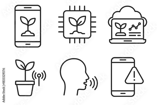 Smart Tech Icons. Line style icons of integration with smart tech: smartphone grow app, AI analysis icon, cloud farming dashboard,