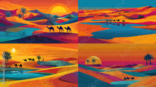 Vibrant desert landscapes with camels traveling across dunes at sunrise and sunset. Colorful artistic scenes featuring warm tones, palm trees, and sweeping desert horizons.